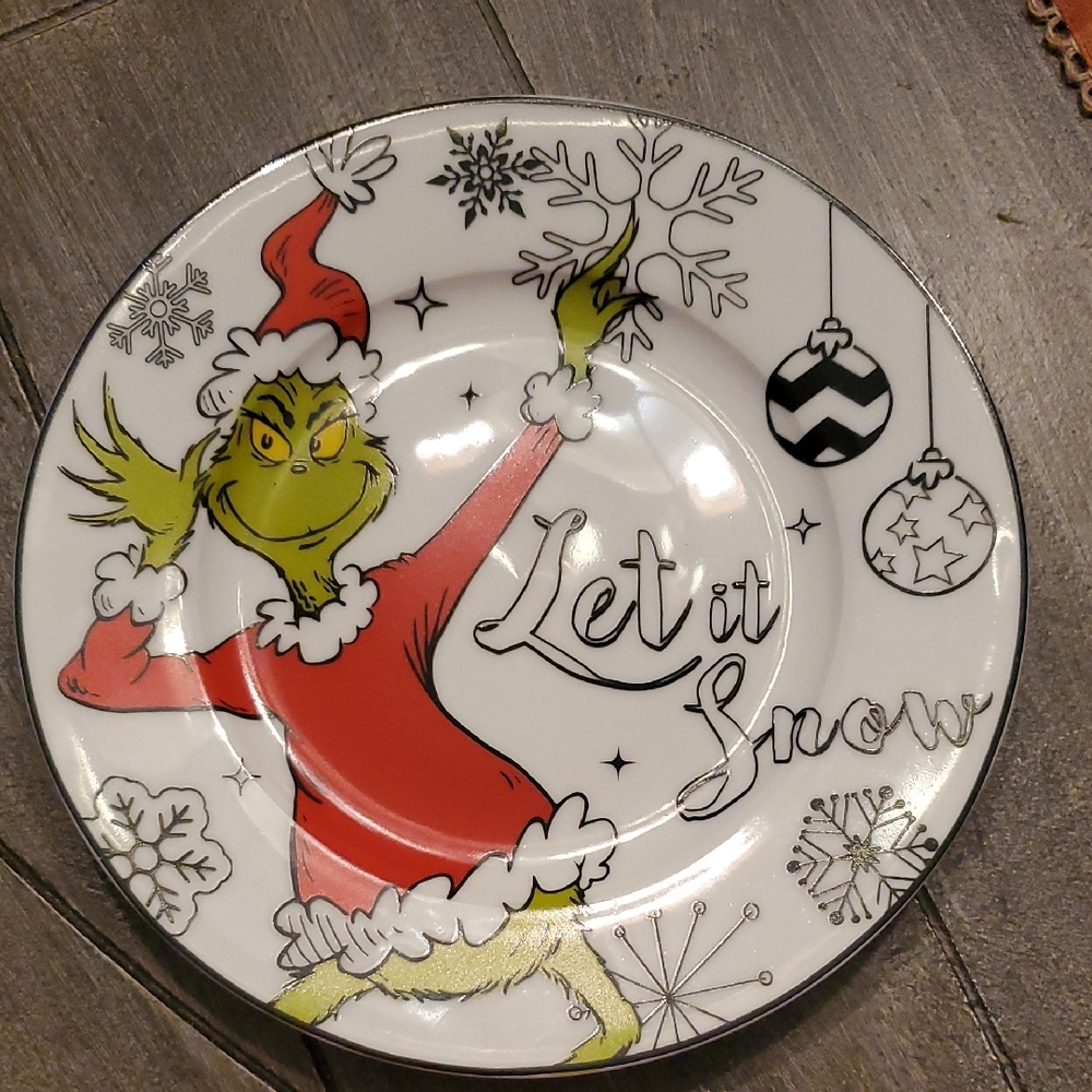 Grinch Let It Snow Christmas Salad Plate - White and Red
